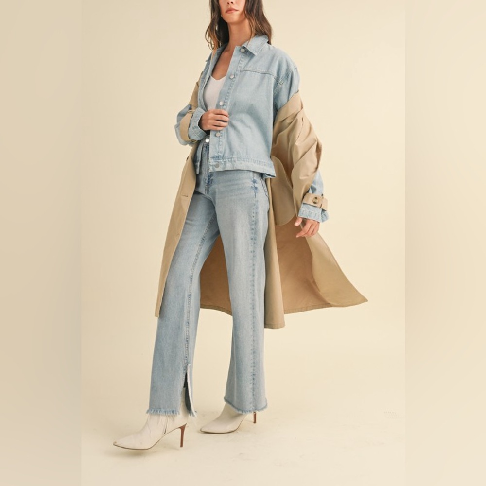 Layered Trench Coat with Denim Jacket Size M Tan Blue Outerwear Classic Neutral - Picture 8 of 12